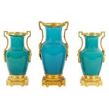A GOOD GARNITURE OF THREE 19TH CENTURY TURQUOISE GLAZED CHINESE VASES WITH ORMOLU MOUNTS
