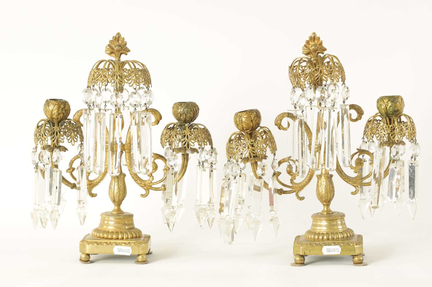 A PAIR OF 19TH CENTURY BRASS AND CUT GLASS CANDELABRA - Image 8 of 9