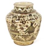 AN EARLY PERSIAN GLAZED EARTHENWARE SHOULDERED VASE