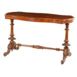 A 19TH CENTURY FIGURED ROSEWOOD CENTRE TABLE OF BOW SIDED SERPENTINE FORM