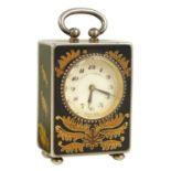 A LATE 19TH CENTURY SWISS .925 STERLING SILVER AND BLACK ENAMEL MINIATURE BOUDOIR CLOCK