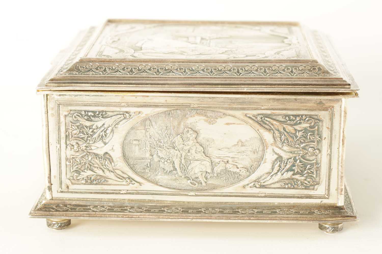 A LATE 19TH CENTURY SILVER PLATED JEWELLERY CASKET DEPICTING MOZART - Image 8 of 16