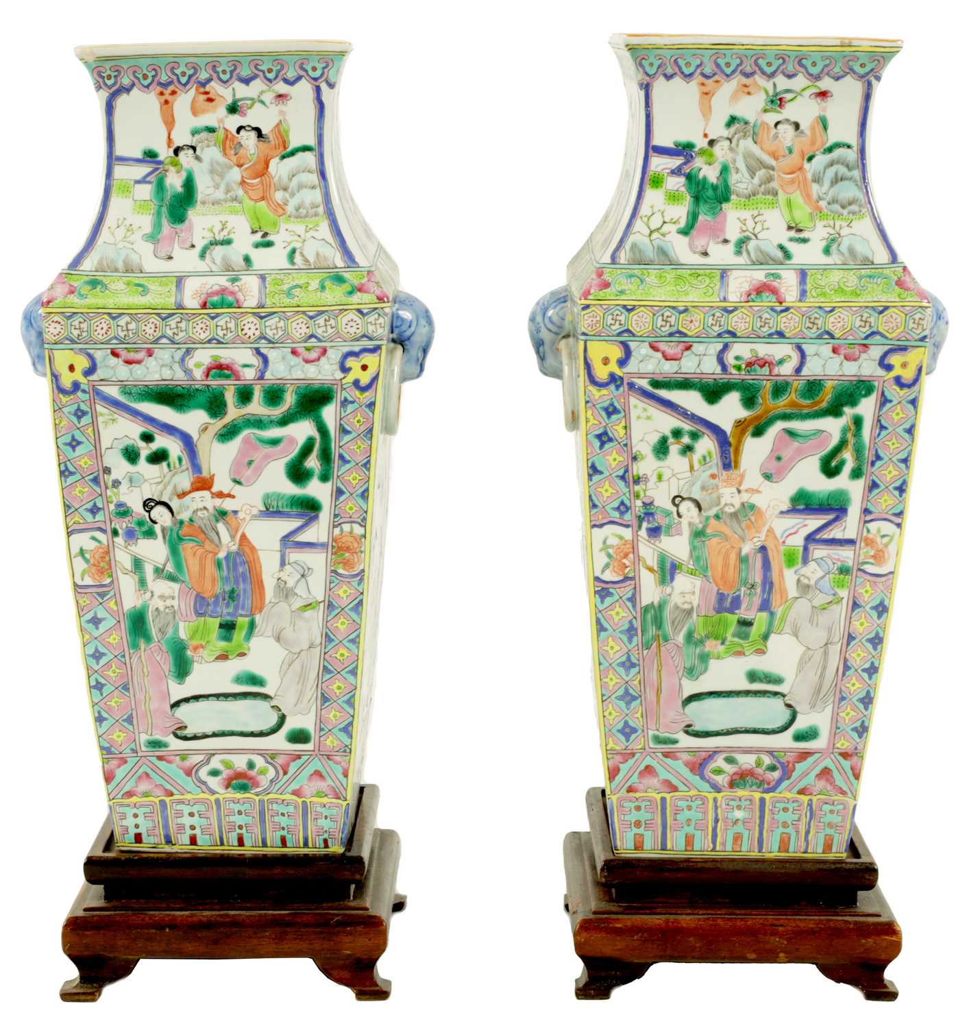 A PAIR OF CHINESE REPUBLIC FAMILLE VERTE SQUARE SECTION VASES - Image 2 of 16