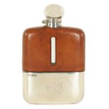 A MID 20TH CENTURY SILVER MOUNTED AND PIG SKIN HIP FLASK