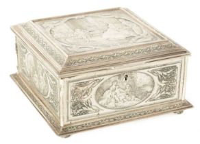 A LATE 19TH CENTURY SILVER PLATED JEWELLERY CASKET DEPICTING MOZART