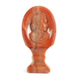A 19TH CENTURY FRENCH AGATE SEAL WITH FINELY CARVED CLASSICAL BUST PORTRAIT