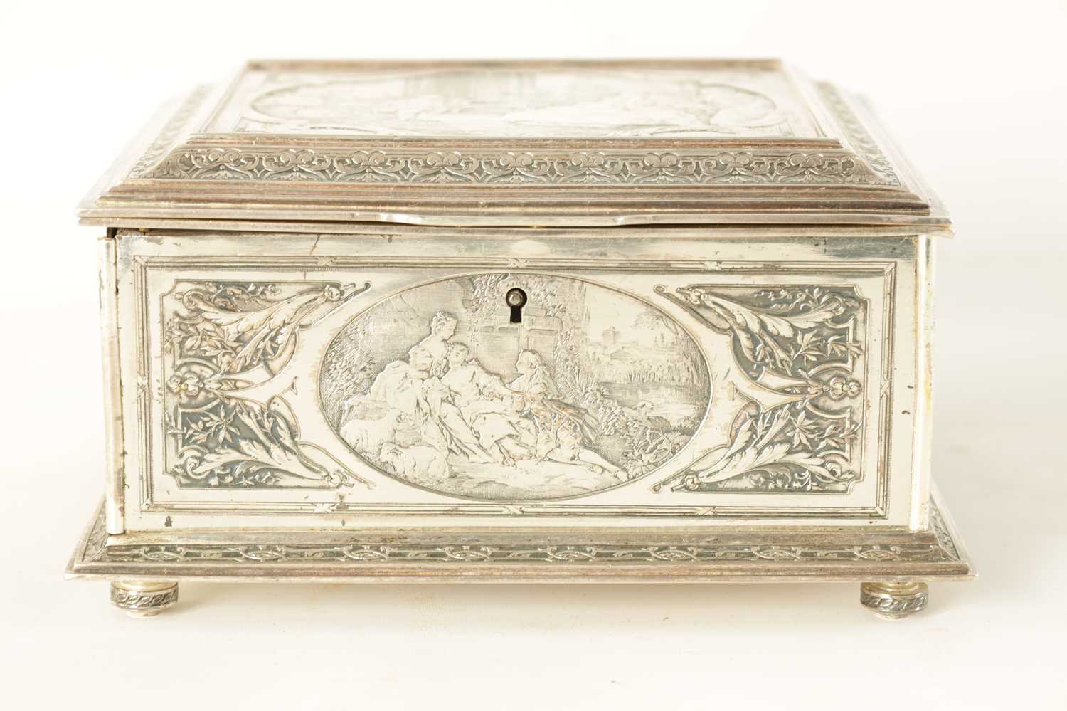 A LATE 19TH CENTURY SILVER PLATED JEWELLERY CASKET DEPICTING MOZART - Image 3 of 16