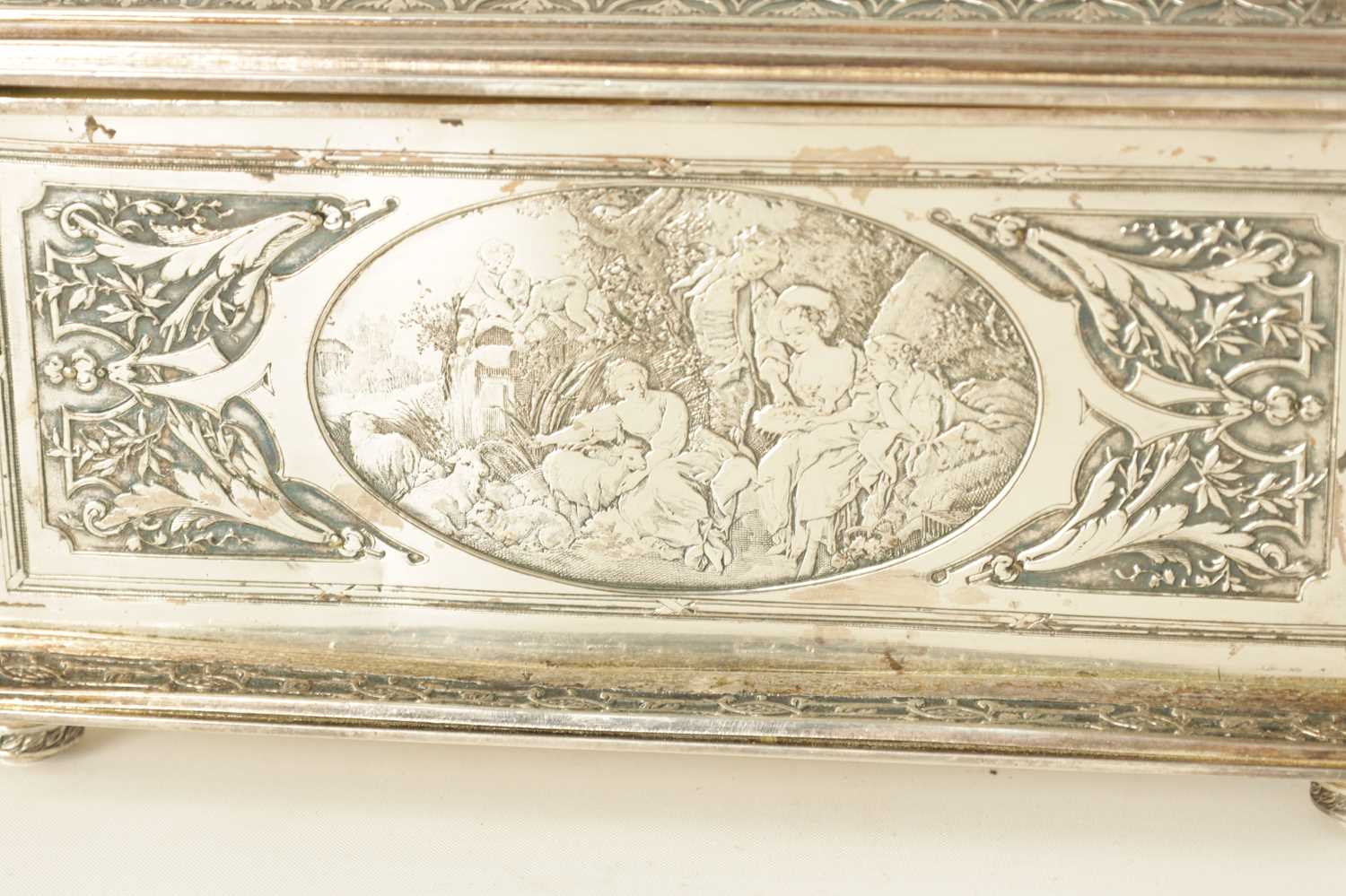 A LATE 19TH CENTURY SILVER PLATED JEWELLERY CASKET DEPICTING MOZART - Image 11 of 16