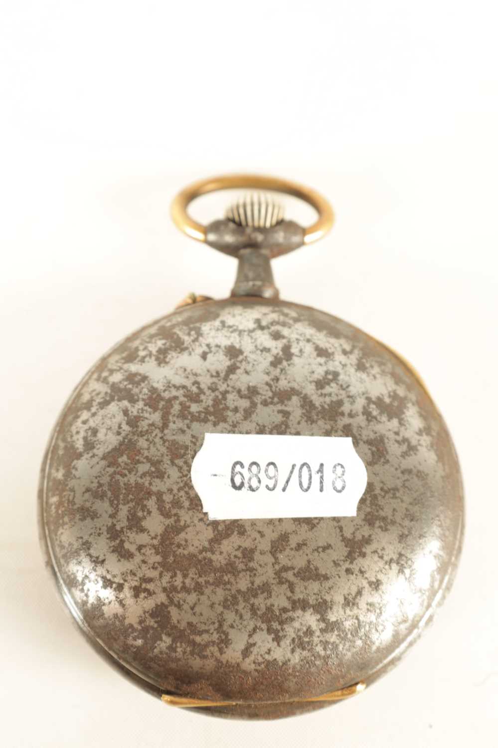A LARGE EARLY 20TH CENTURY GUN METAL AND GILT DIAL MOON PHASE CALENDAR POCKET WATCH WITH INTERESTING - Image 4 of 4