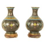 A PAIR OF CHINESE CLOISONNÉ ENAMEL BULBOUS VASES WITH FLARED NECKS