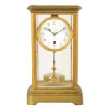 CLAUDE GRIVOLAS. A LARGE EARLY 20TH CENTURY BRASS CASED FOUR GLASS 400 DAY MANTEL CLOCK