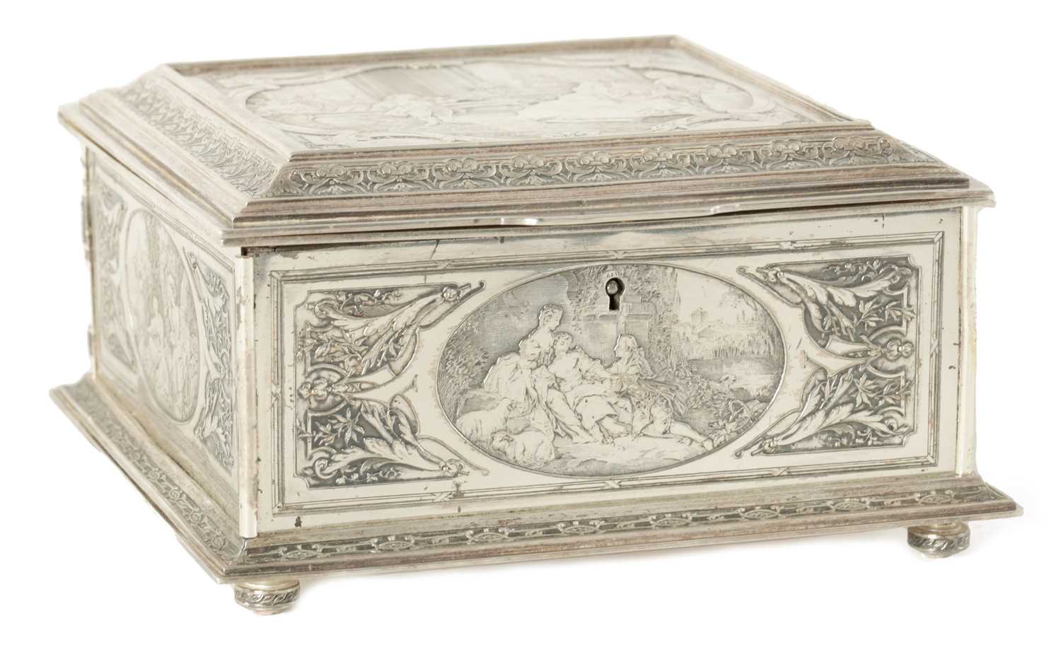 A LATE 19TH CENTURY SILVER PLATED JEWELLERY CASKET DEPICTING MOZART - Image 2 of 16