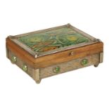 A 20TH CENTURY ARTS AND CRAFTS STYLE SILVER MOUNTED AND ENAMEL WORK WALNUT JEWELLERY BOX