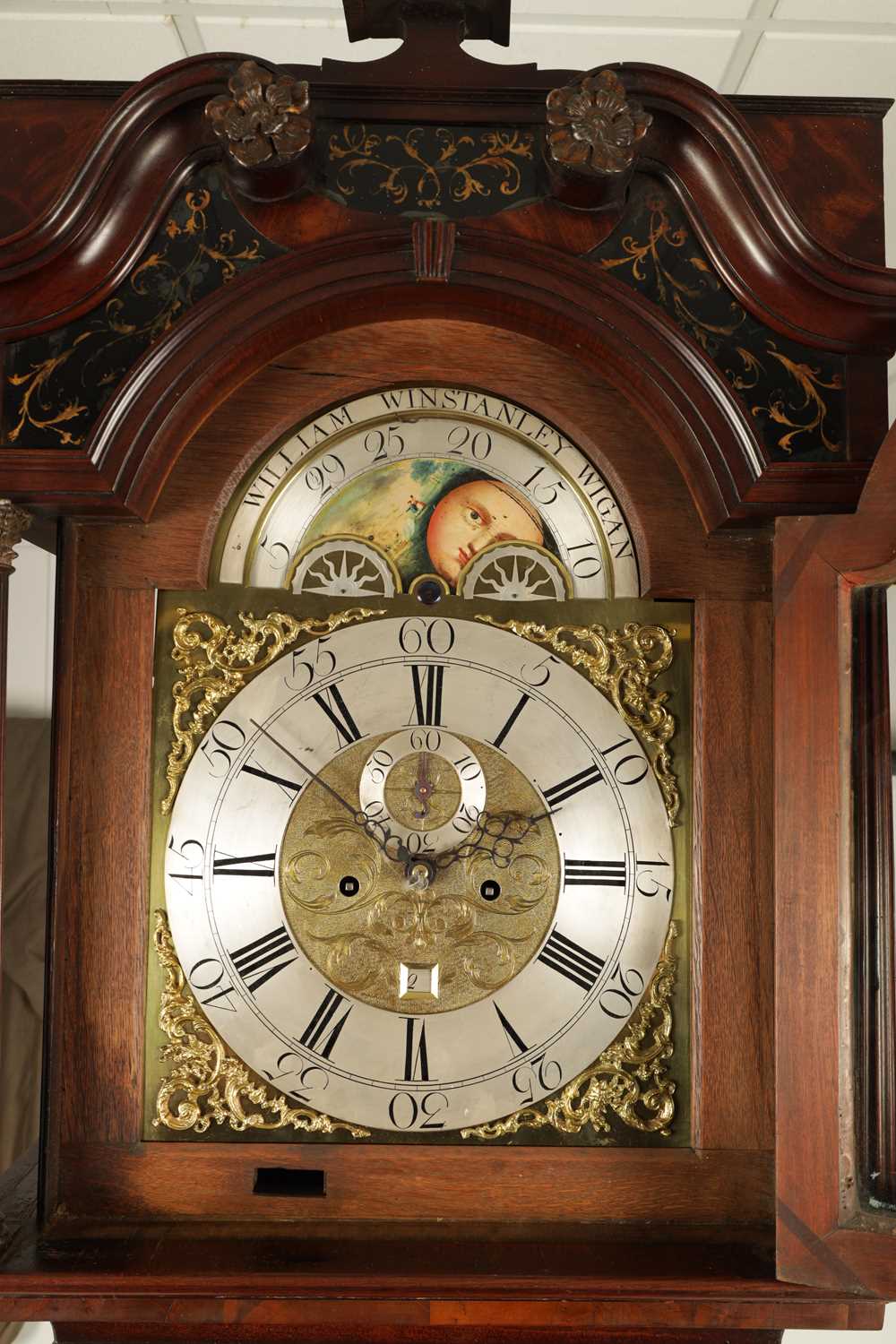 WILLIAM WINSTANLEY, WIGAN. A GEORGE III FLAME MAHOGANY EIGHT-DAY MOON ROLLER LONGCASE CLOCK - Image 9 of 10