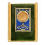 FABERGE. AN EARLY 20TH CENTURY CASED RUSSIAN SILVER-GILT ENAMEL AND NEPHRITE PORTRAIT FRAME