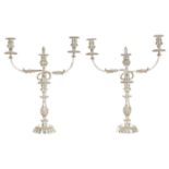 A LARGE PAIR OF GEORGE IV SHEFFIELD PLATE TWO BRANCH CANDELABRA