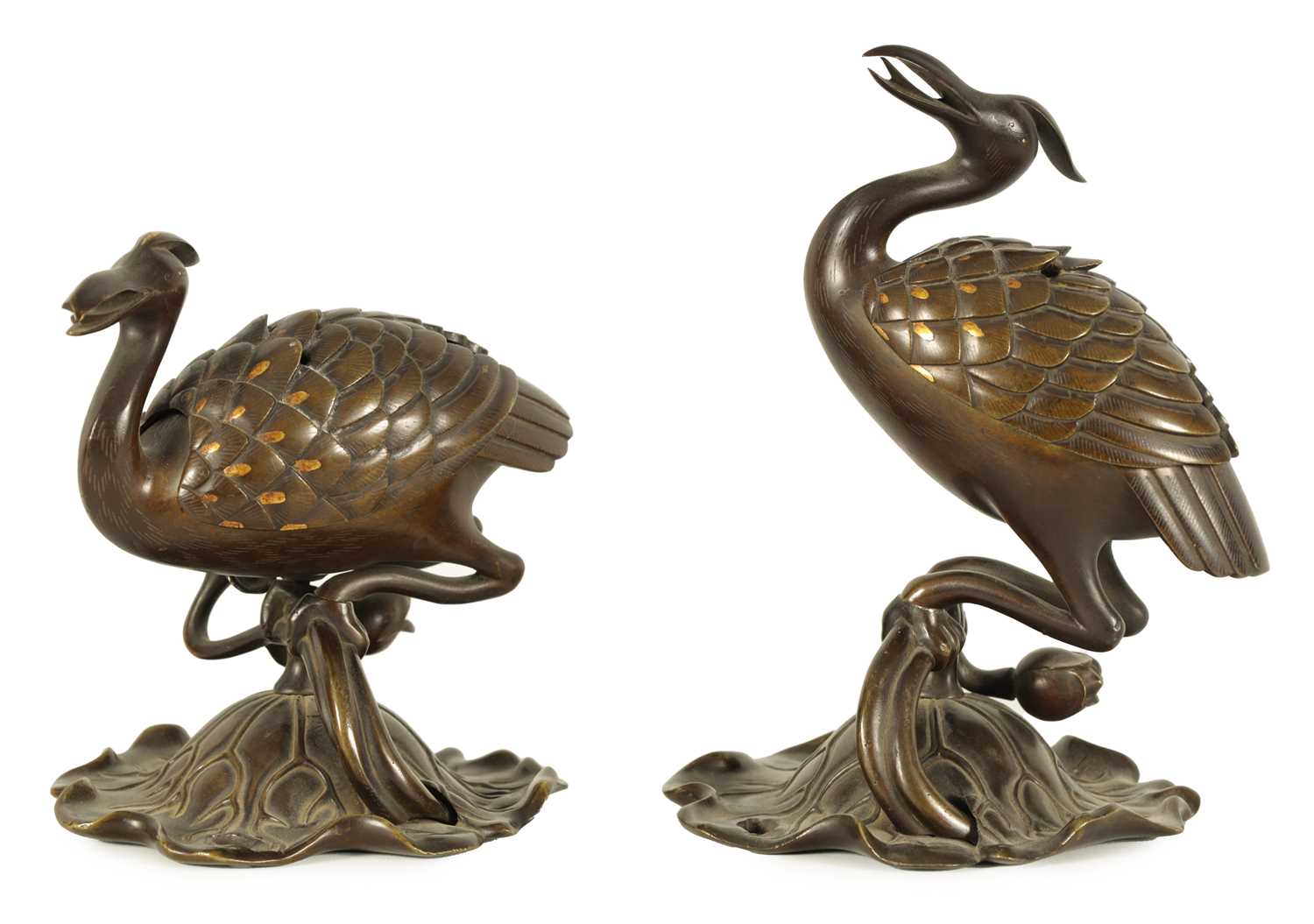 A PAIR OF JAPANESE MEIJI PERIOD BRONZE AND GOLD INLAID CENSERS