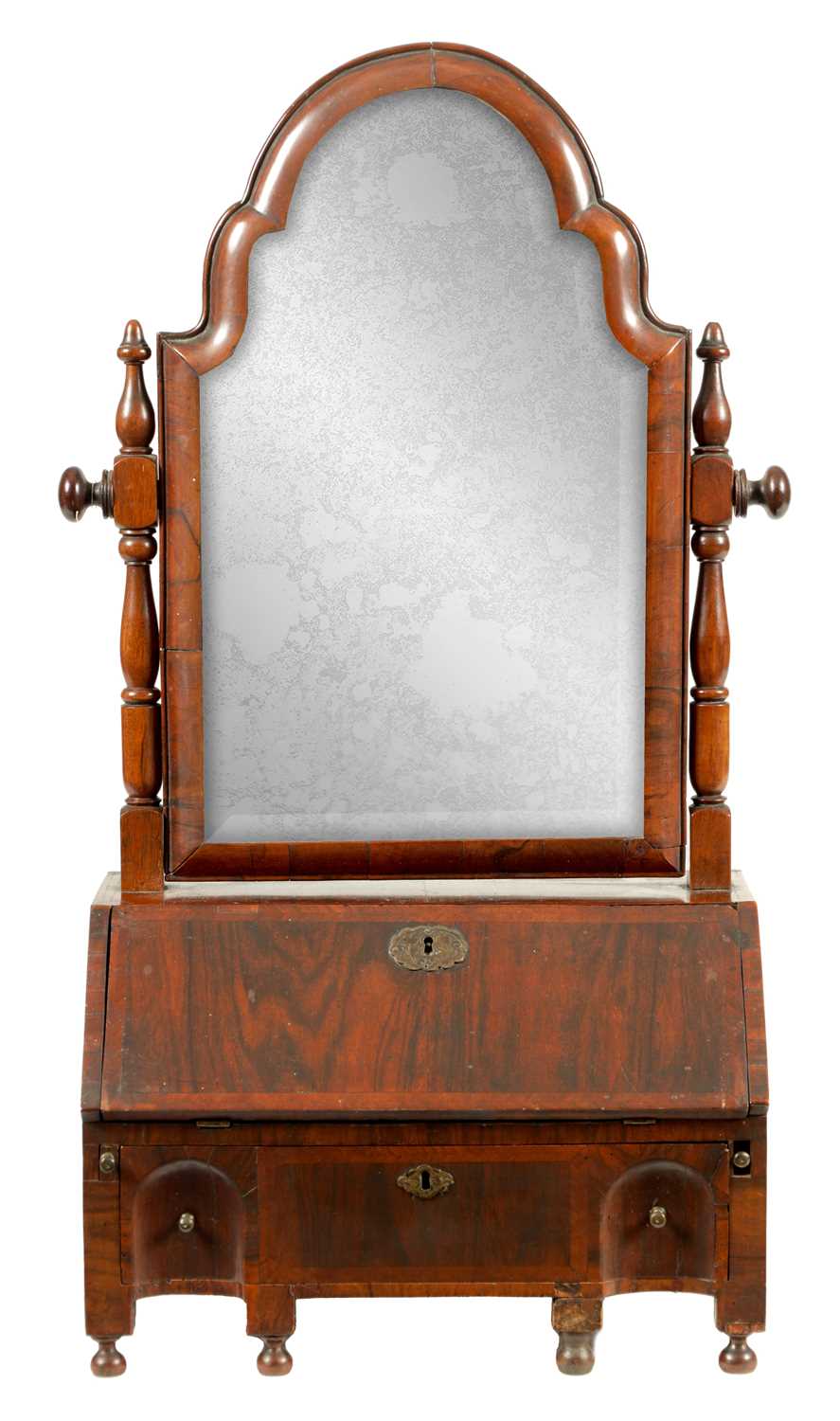 A WILLIAM AND MARY HERRING-BANDED FIGURED WALNUT TOILET MIRROR/BUREAU