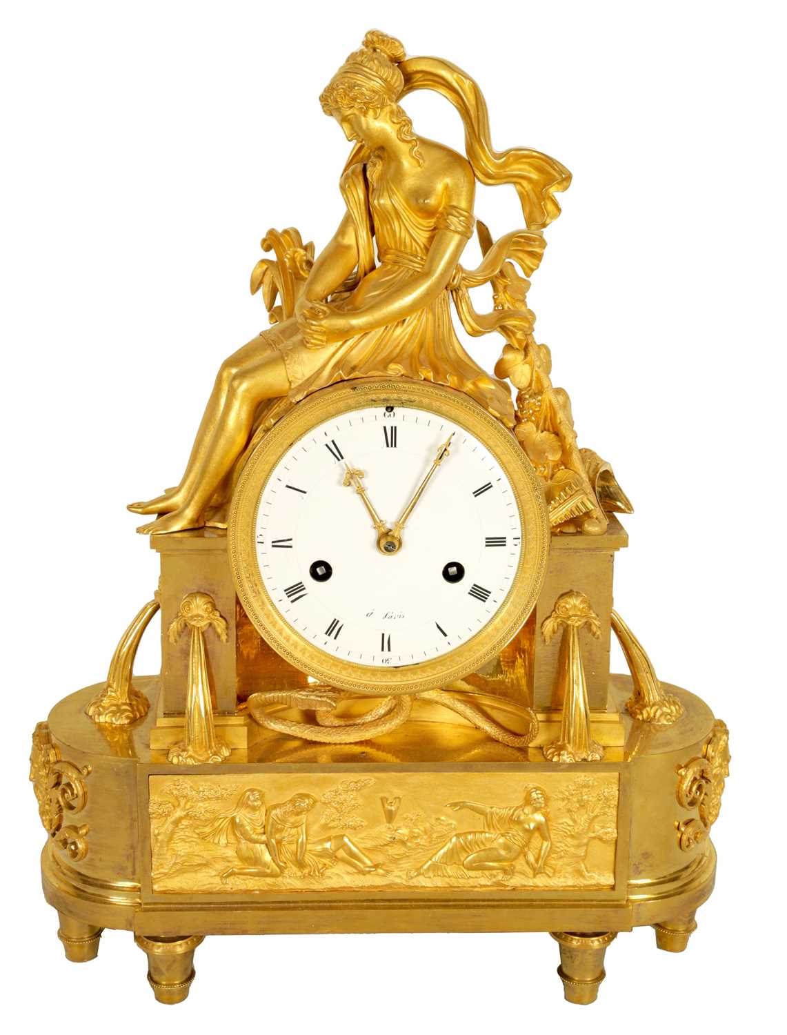 AN EARLY 19TH CENTURY FRENCH EMPIRE ORMOLU FIGURAL MANTEL CLOCK