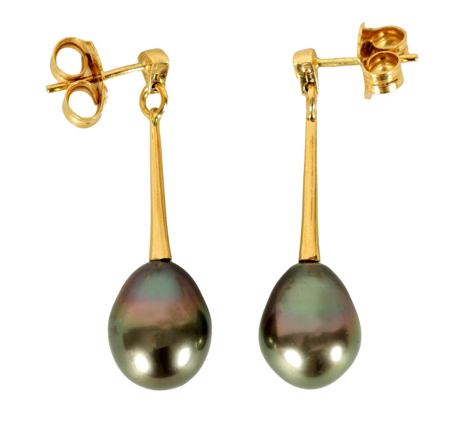 A LARGE PAIR OF 18CT GOLD AND BLACK PEARL DROP EARRINGS