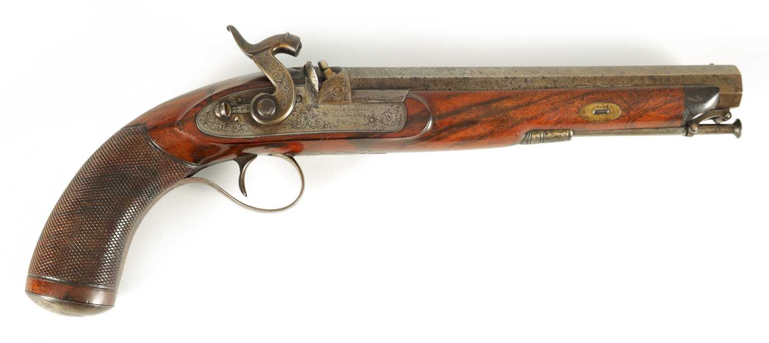 G R COLLIS, BIRMINGHAM. AN EARLY 19TH CENTURY WALNUT PERCUSSION HOLSTER PISTOL