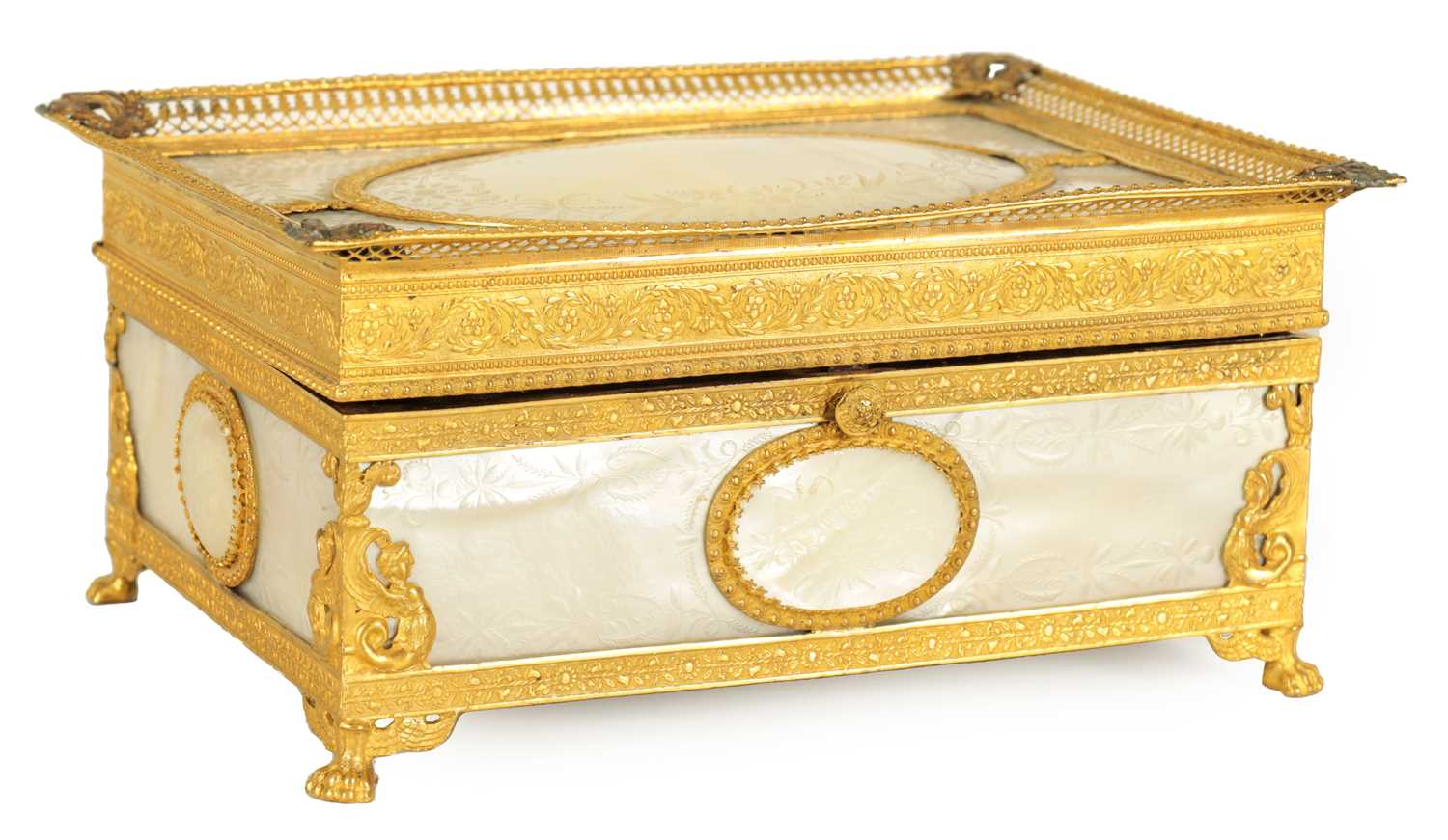 A FINE 19TH CENTURY FRENCH PALAIS ROYAL MOTHER OF PEARL AND GILT ORMOLU SIX BOTTLE PERFUME CASKET