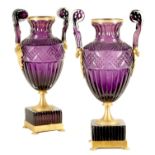 A LARGE PAIR OF LATE 19TH/EARLY 20TH CENTURY RUSSIAN ORMOLU MOUNTED AMETHYST CUT-GLASS