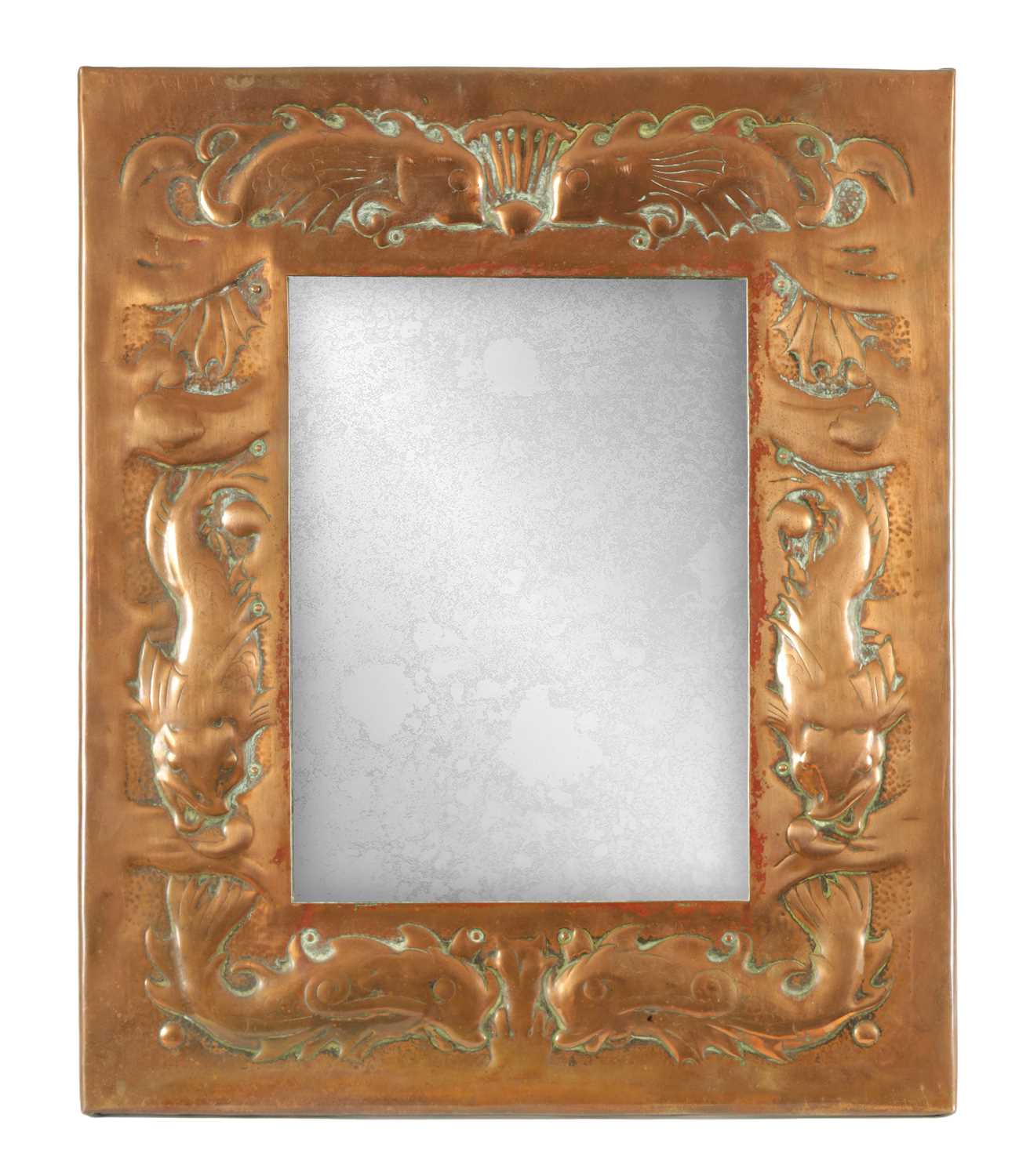 AN ARTS AND CRAFTS NEWLYN SCHOOL STYLE COPPER FRAMED MIRROR