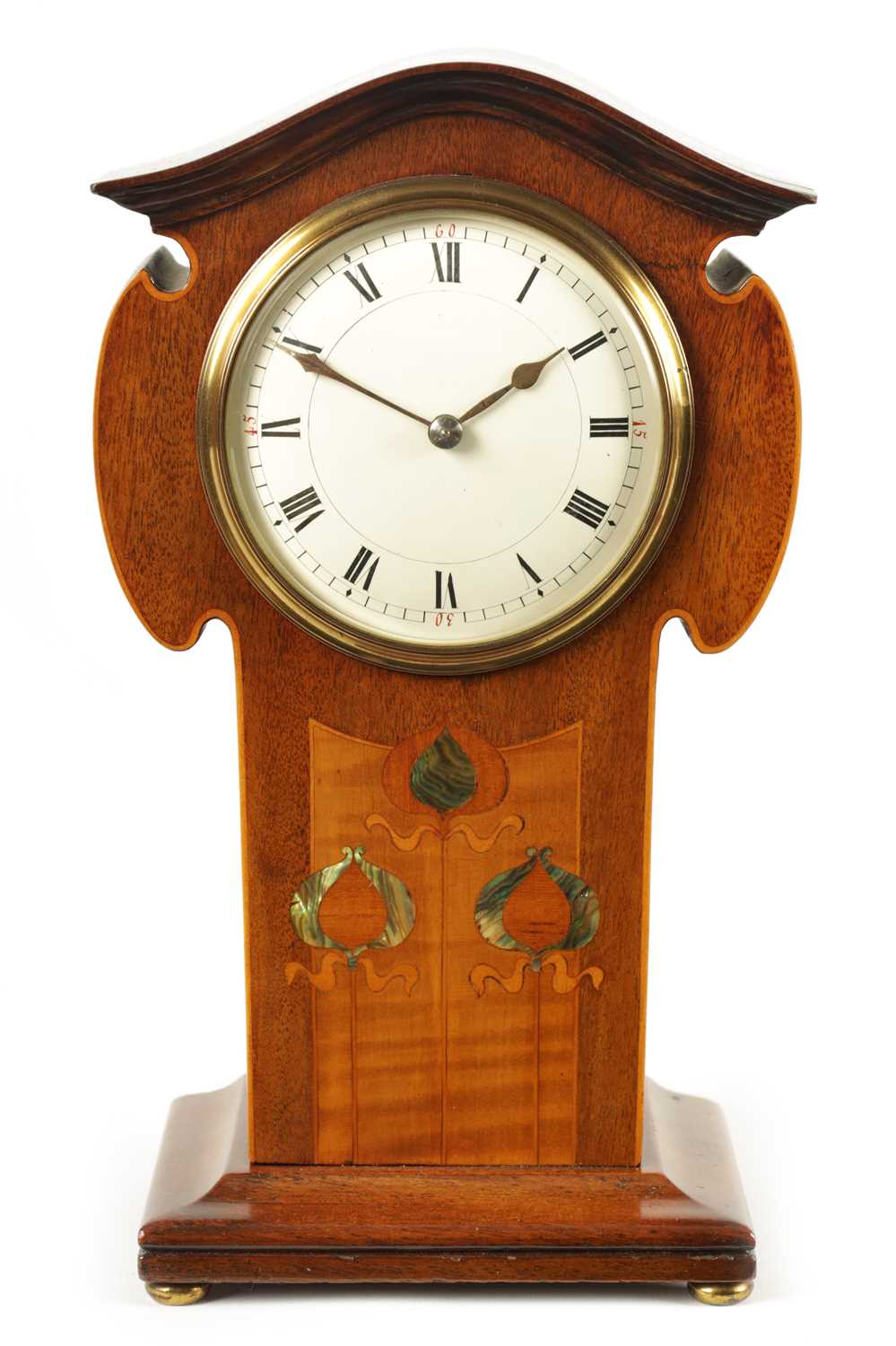 AN EDWARDIAN ART NOUVEAU STYLE BOXWOOD STRUNG AND MAHOGANY INLAID MANTEL CLOCK