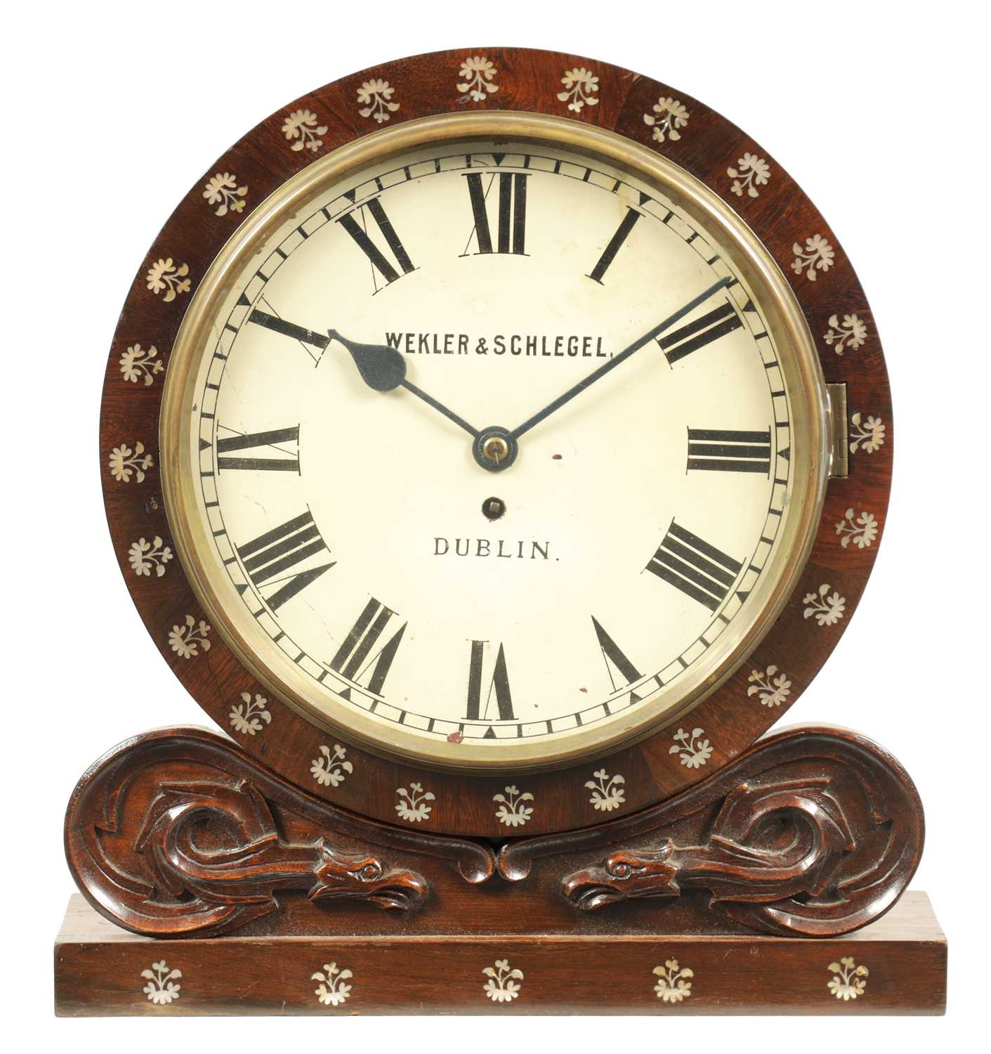 WEKLER & SCHLEGEL, DUBLIN A LATE 19TH CENTURY MOTHER OF PEARL INLAID ROSEWOOD WALL CLOCK