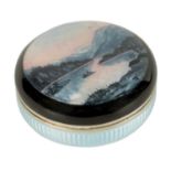 A LATE 19TH CENTURY/EARLY 20TH CENTURY SILVER AND GUILLOCHE ENAMEL CIRCULAR PILL BOX