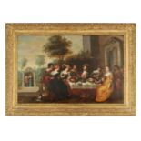 ATT. TO CHRISTOFFEL JACOBSZ, A 17TH CENTURY OIL ON CANVAS DEPICTING FIGURES DINING IN A LANDSCAPE SE