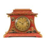 A LATE 19TH CENTURY CHINESE STYLE SCARLET LACQUER CHINOISERIE DECORATED MANTEL CLOCK