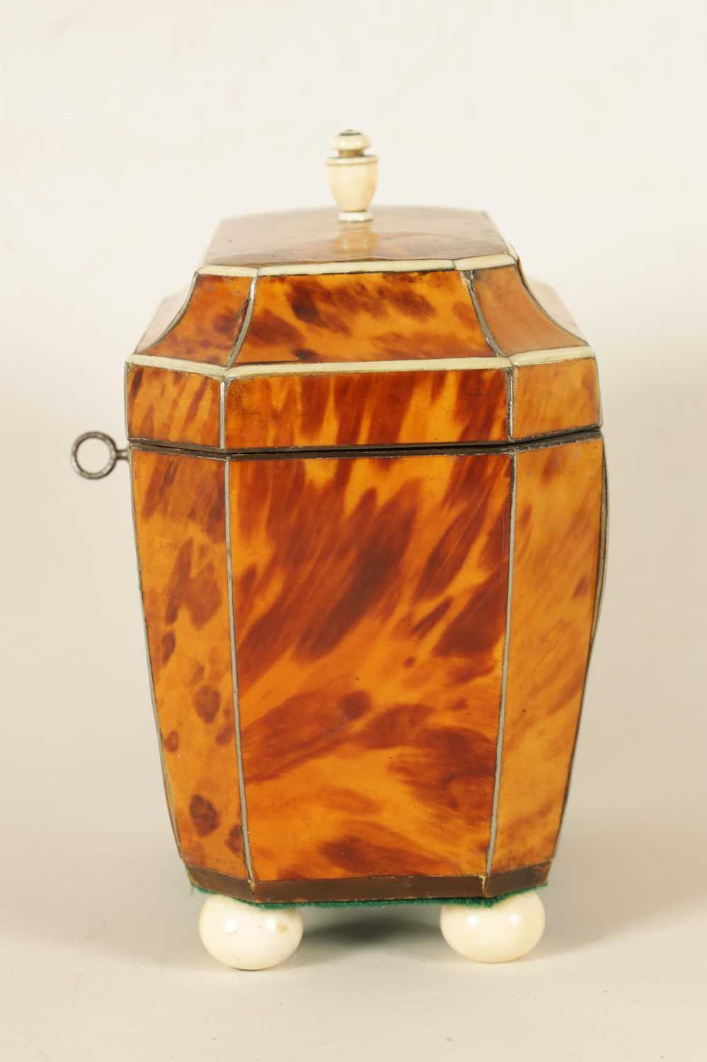 A REGENCY TORTOISESHELL AND IVORY BANDED SARCOPHAGUS TEA CADDY - Image 6 of 10