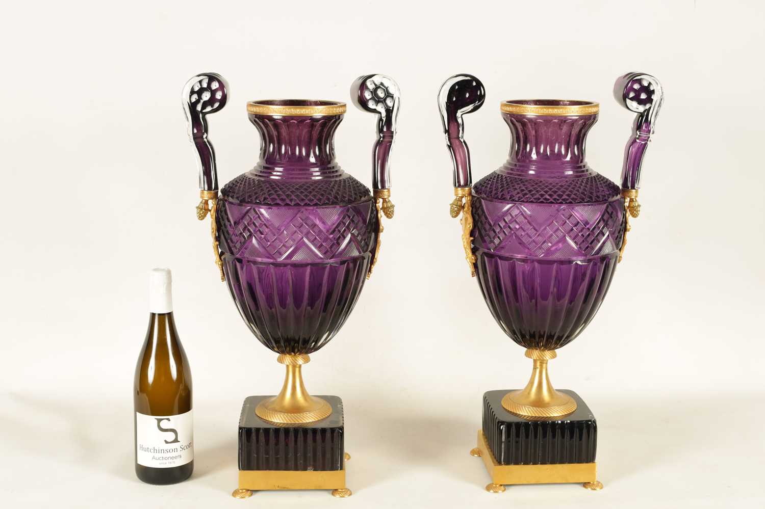 A LARGE PAIR OF LATE 19TH/EARLY 20TH CENTURY RUSSIAN ORMOLU MOUNTED AMETHYST CUT-GLASS - Image 8 of 14