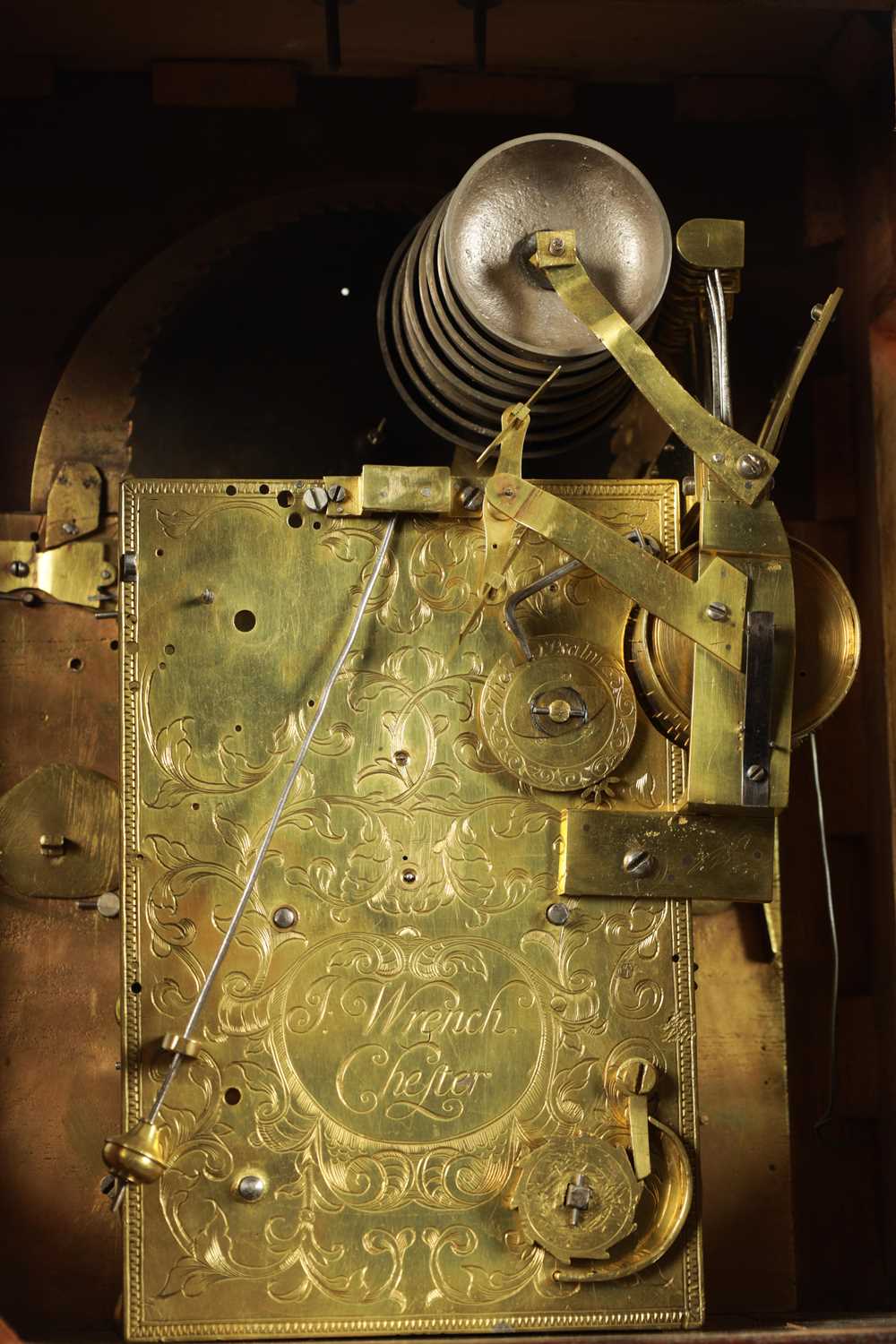 JOHN WRENCH, CHESTER. A GEORGE II TIDAL MUSICAL BRACKET CLOCK WITH MOONPHASE - Image 9 of 10