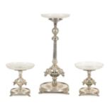A 19TH CENTURY SILVER PLATED THREE PIECE GARNITURE EPERGNE