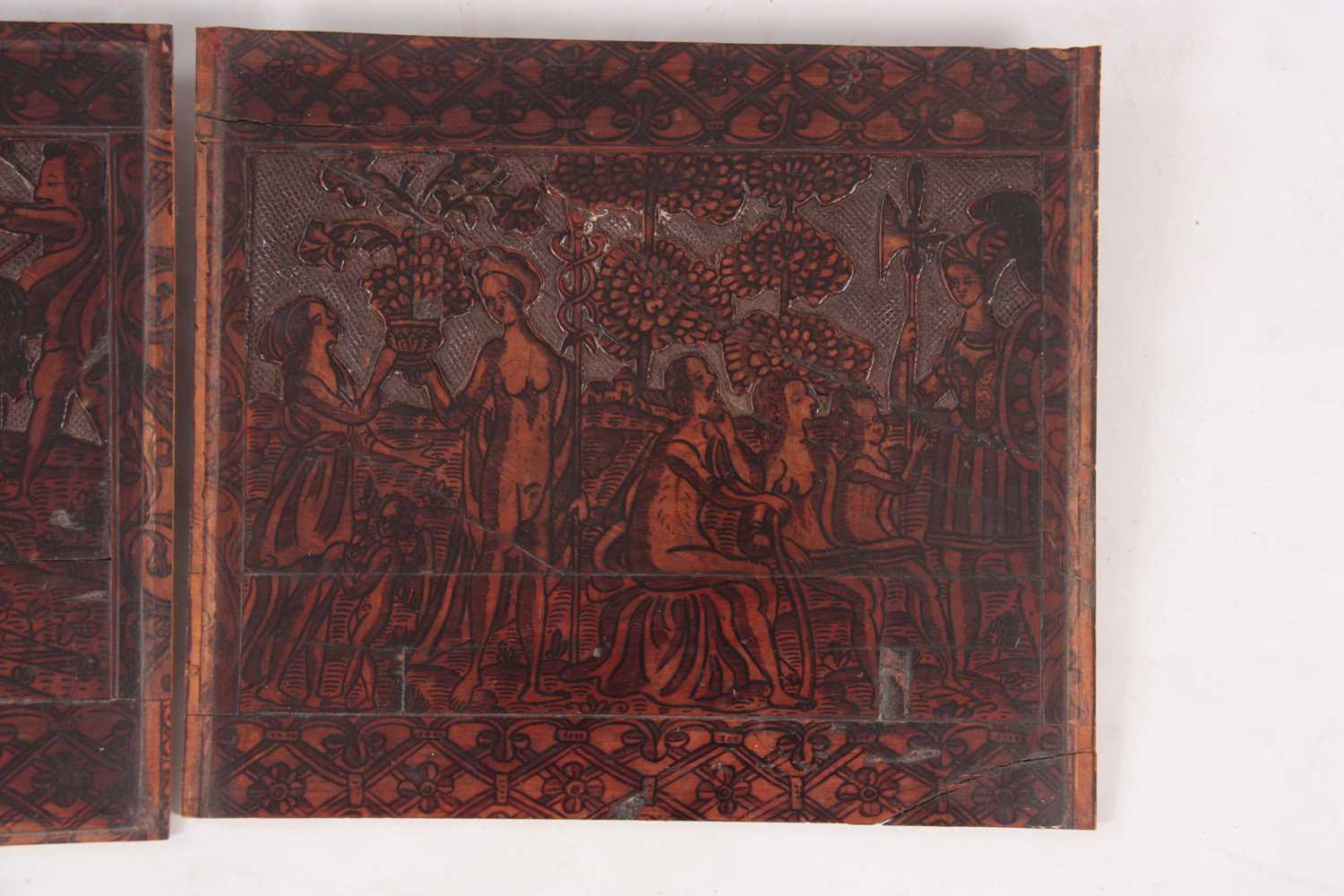 AN INTERESTING PAIR OF 16TH CENTURY ITALIAN CARVED AND INK WORK FRUITWOOD PANELS - Image 4 of 4