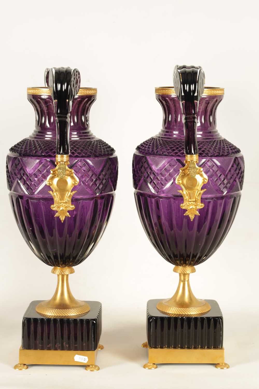 A LARGE PAIR OF LATE 19TH/EARLY 20TH CENTURY RUSSIAN ORMOLU MOUNTED AMETHYST CUT-GLASS - Image 6 of 14