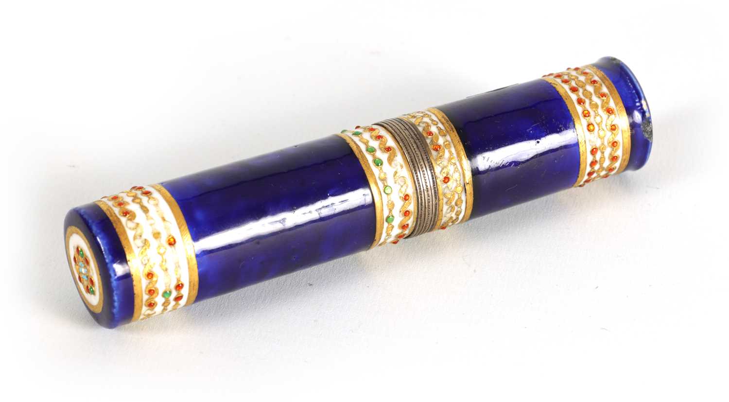 A 19TH CENTURY FRENCH ROYAL BLUE PORCELAIN AND SILVER GILT METAL MOUNTED CYLINDRICAL CONTAINER