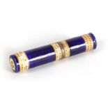 A 19TH CENTURY FRENCH ROYAL BLUE PORCELAIN AND SILVER GILT METAL MOUNTED CYLINDRICAL CONTAINER