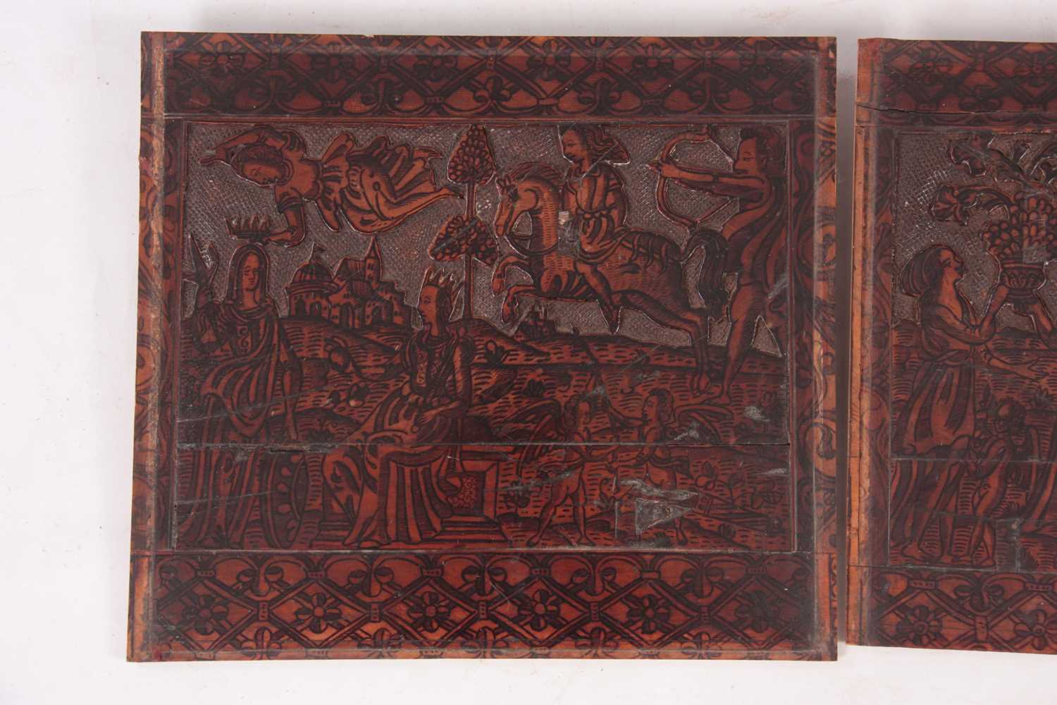 AN INTERESTING PAIR OF 16TH CENTURY ITALIAN CARVED AND INK WORK FRUITWOOD PANELS - Image 3 of 4