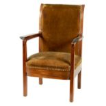 AN UNUSUAL ARTS AND CRAFTS STYLE MAHOGANY UPHOLSTERED ARMCHAIR