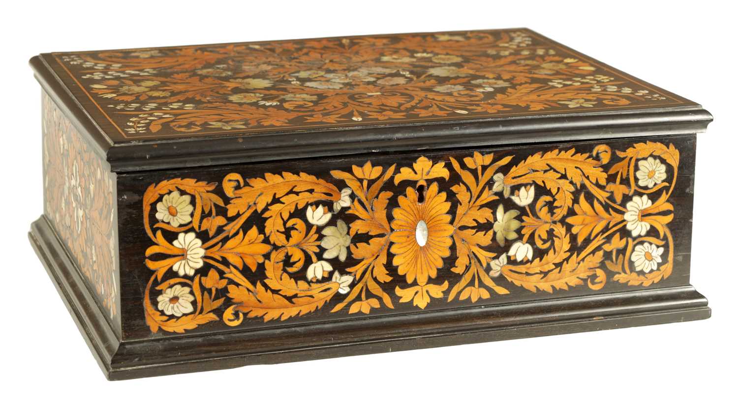 A FINE 18TH/19TH CENTURY ITALIAN FLORAL MARQUETRY EBONY, IVORY AND MOTHER OF PEARL INLAID TABLE BOX