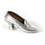 A LATE 19TH CENTURY SILVER PIN CUSHION CASE FORMED A SHOE