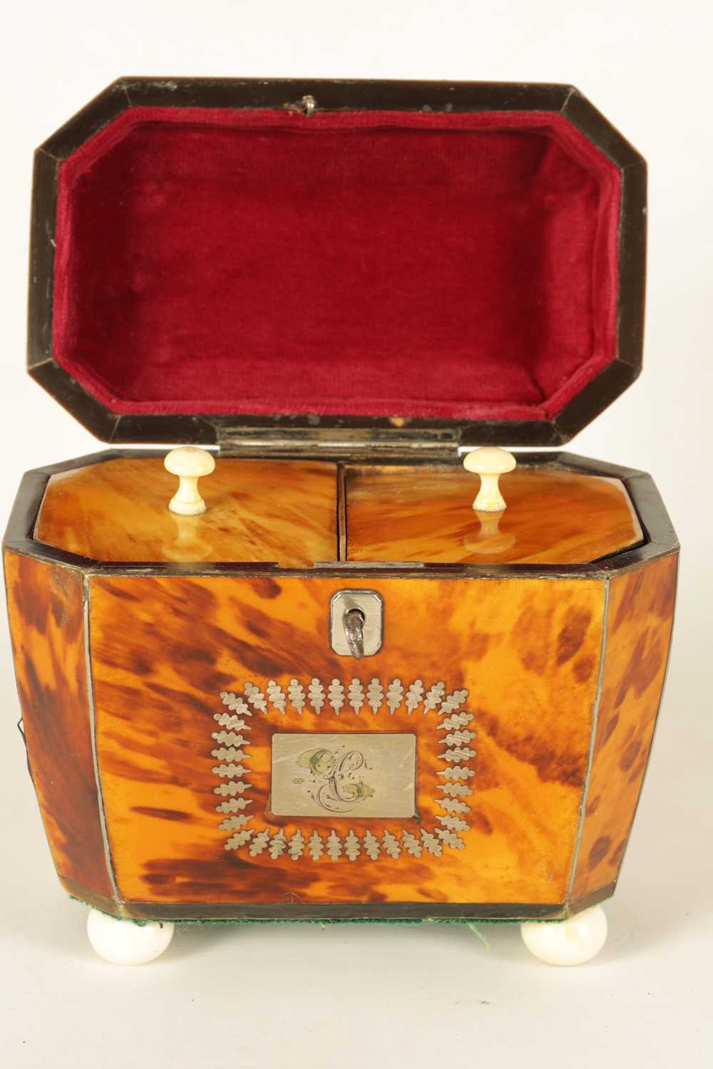 A REGENCY TORTOISESHELL AND IVORY BANDED SARCOPHAGUS TEA CADDY - Image 8 of 10