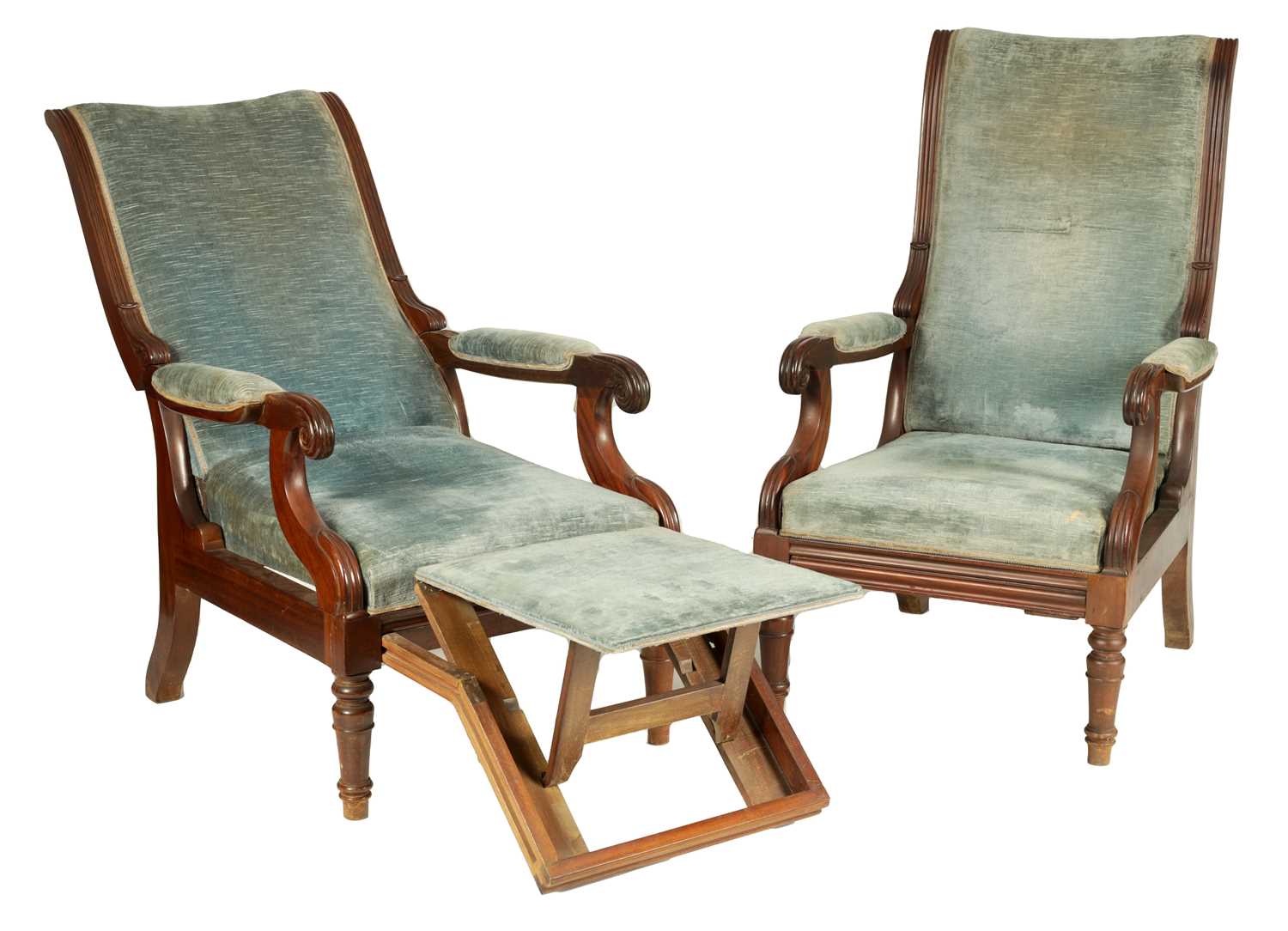 A PAIR OF LATE REGENCY UPHOLSTERED MAHOGANY RECLINING OPEN ARM CHAIRS WITH PULL-OUT ANGLED LEG RESTS - Image 2 of 12