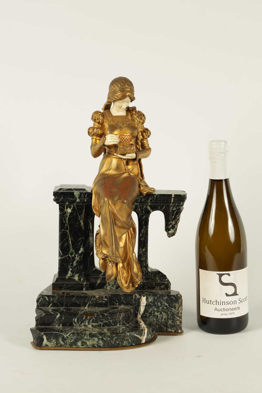 A LATE 19TH CENTURY ART NOUVEAU GILT BRONZE AND IVORY FIGURE OF A SEATED YOUNG LADY - Image 3 of 9