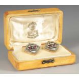 A PAIR OF 14CT GOLD GUILLOCHE ENAMEL DIAMOND AND RUBY CUFFLINKS IN HOLLY WOOD BOX STAMPED FABERGE