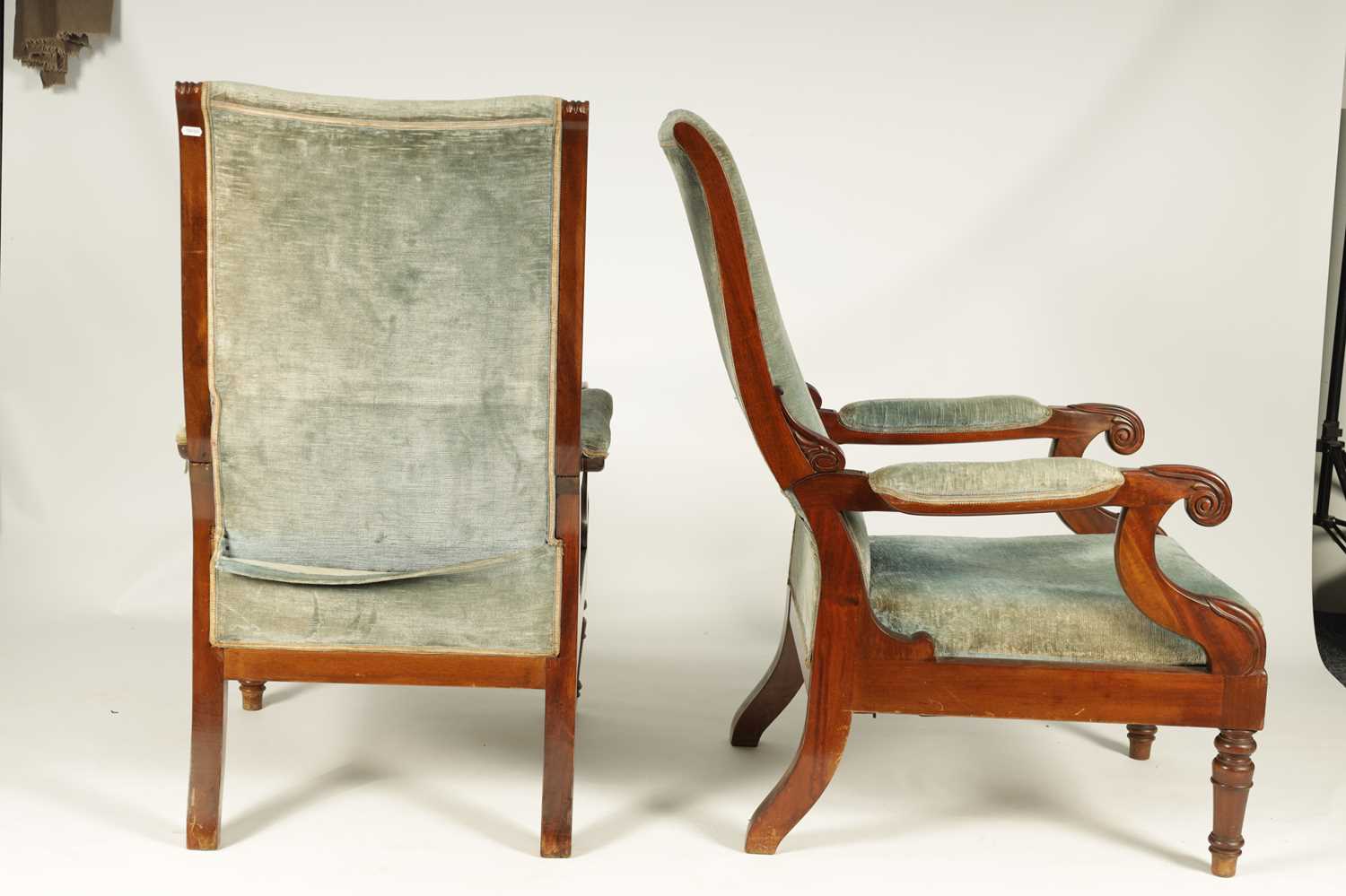 A PAIR OF LATE REGENCY UPHOLSTERED MAHOGANY RECLINING OPEN ARM CHAIRS WITH PULL-OUT ANGLED LEG RESTS - Image 12 of 12